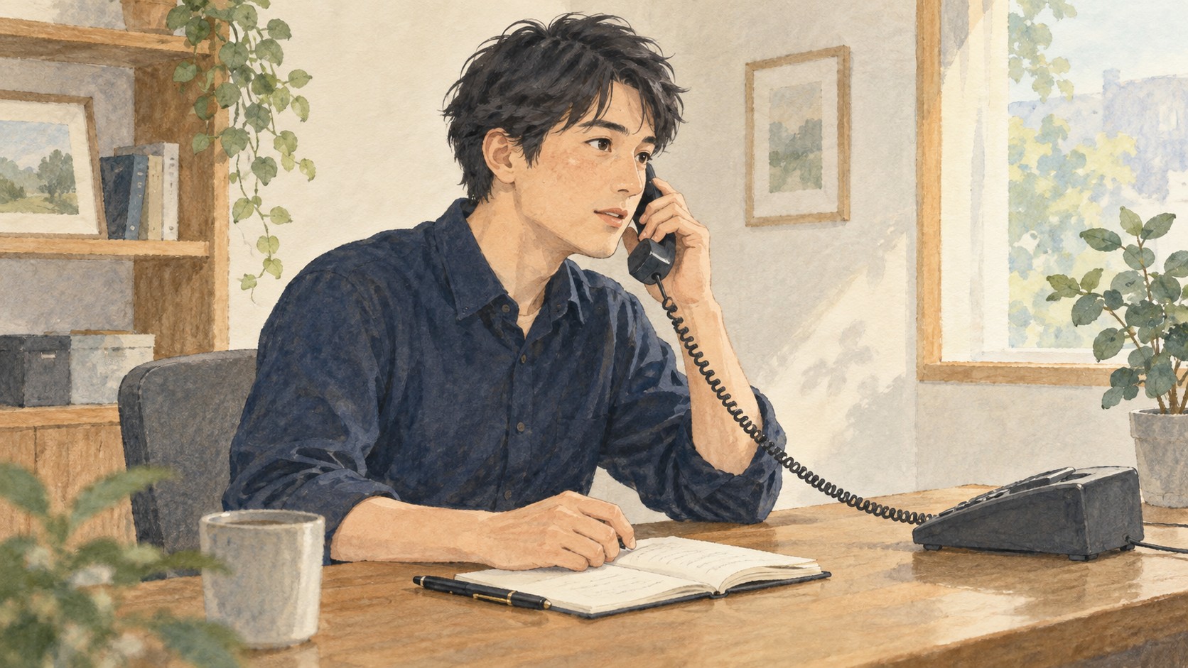 ノートを手元に置き、電話営業に取り組む男性