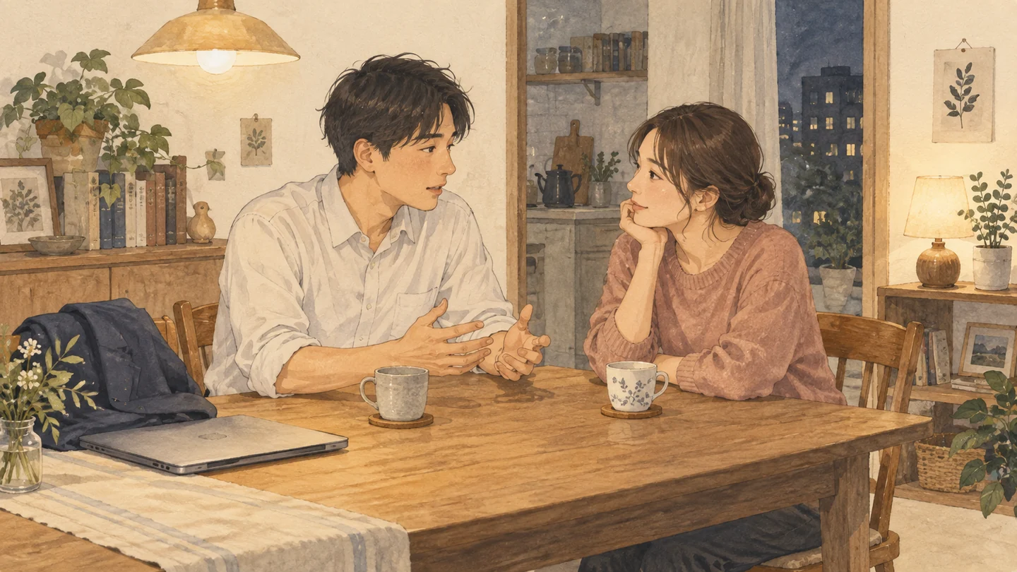 仕事のパソコンを閉じ、食卓で本音を話す夫と、その話に耳を傾ける妻のイラスト
