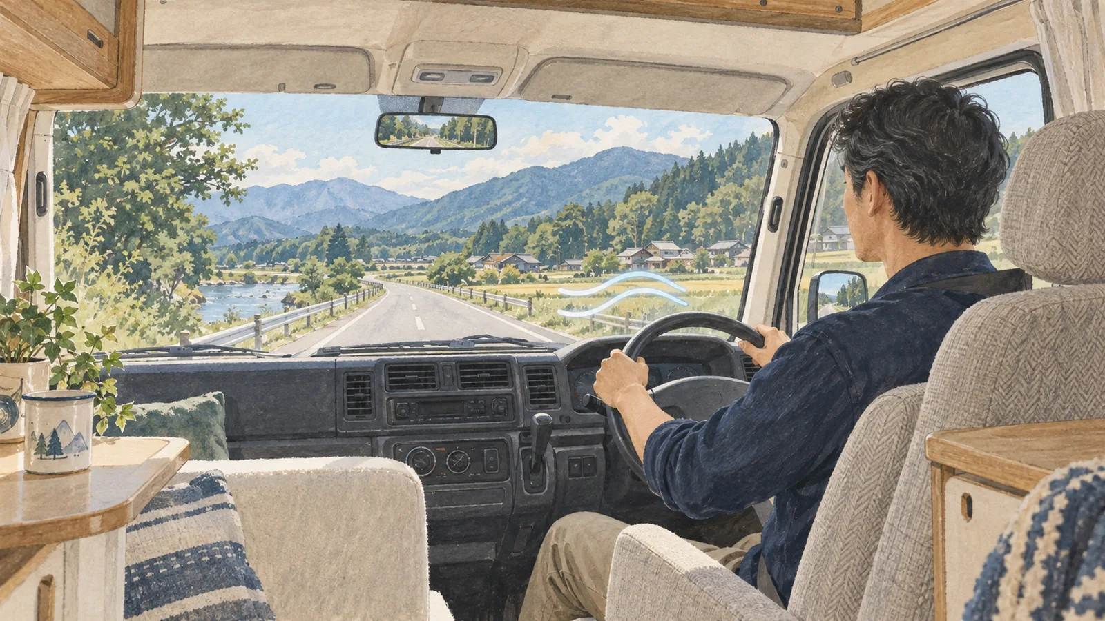 キャンピングカーの運転席で前方を見ながら、音声で対話する人のイラスト