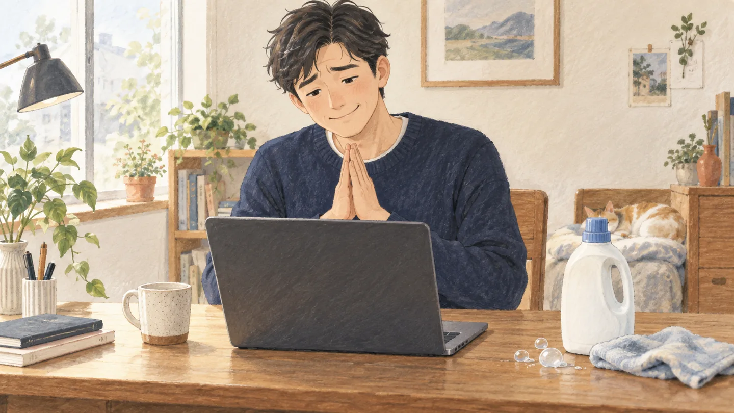 洗剤をこぼして使えなくなったPCに、手を合わせて謝る人のイラスト