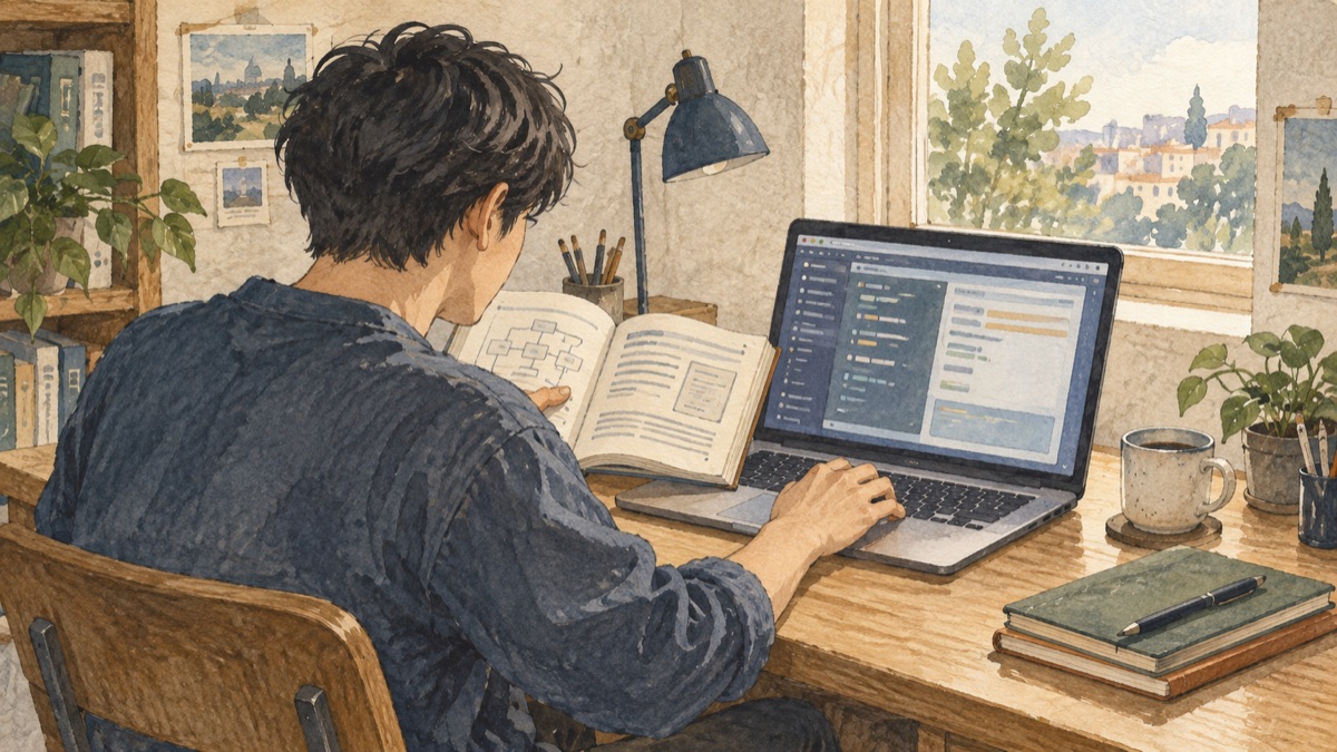 本を参照しながらパソコンを操作し、開発ツールの使い方を学ぶ人の挿絵