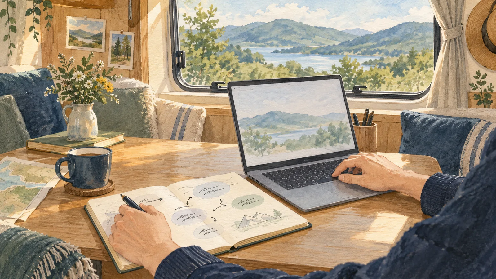 停車したキャンピングカーのテーブルで、ノートとパソコンを使って考えをまとめるイラスト