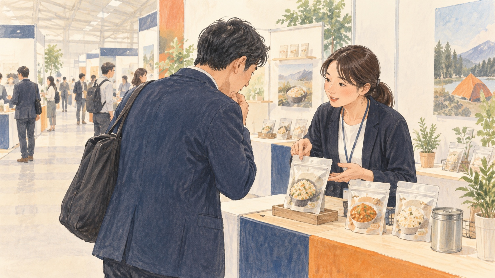 展示ブースでパウチ食品について質問する人のイラスト