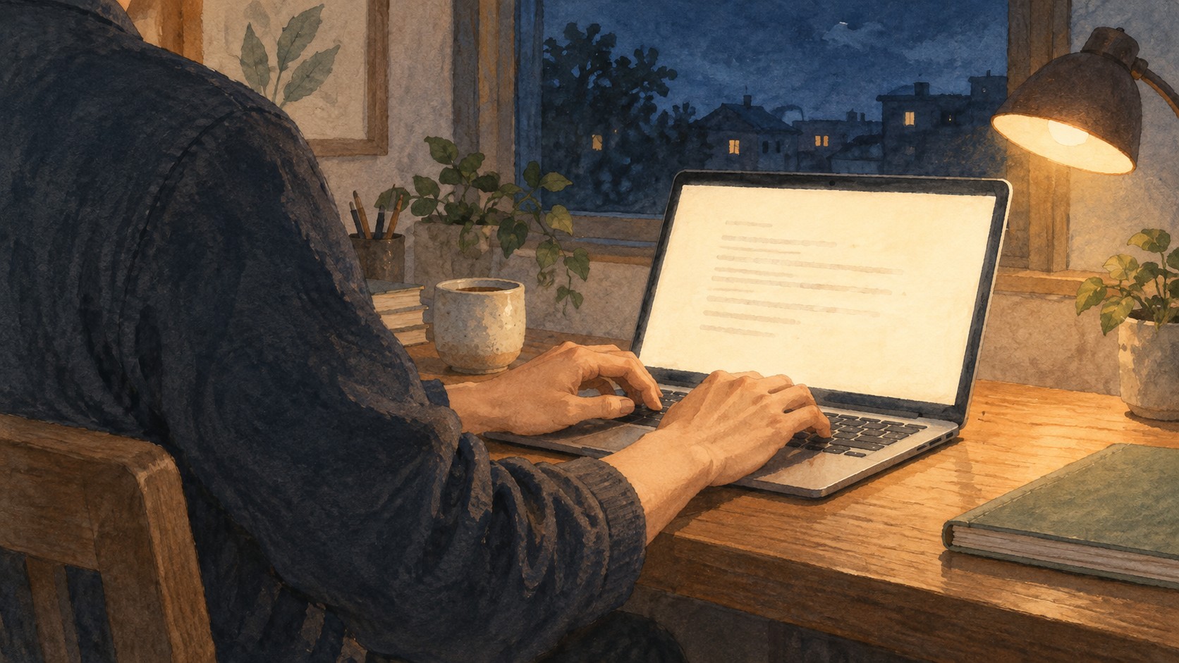 夜の机でノートパソコンに向かい、コラムを書く手元