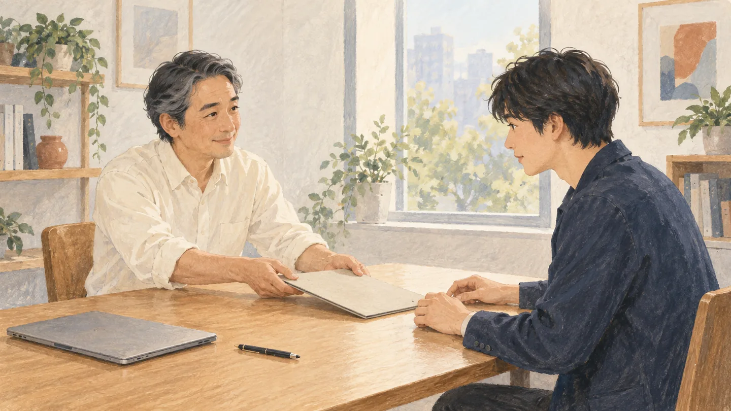 机を挟んで仕事の資料を受け取り、話を聞く独立したばかりの人のイラスト