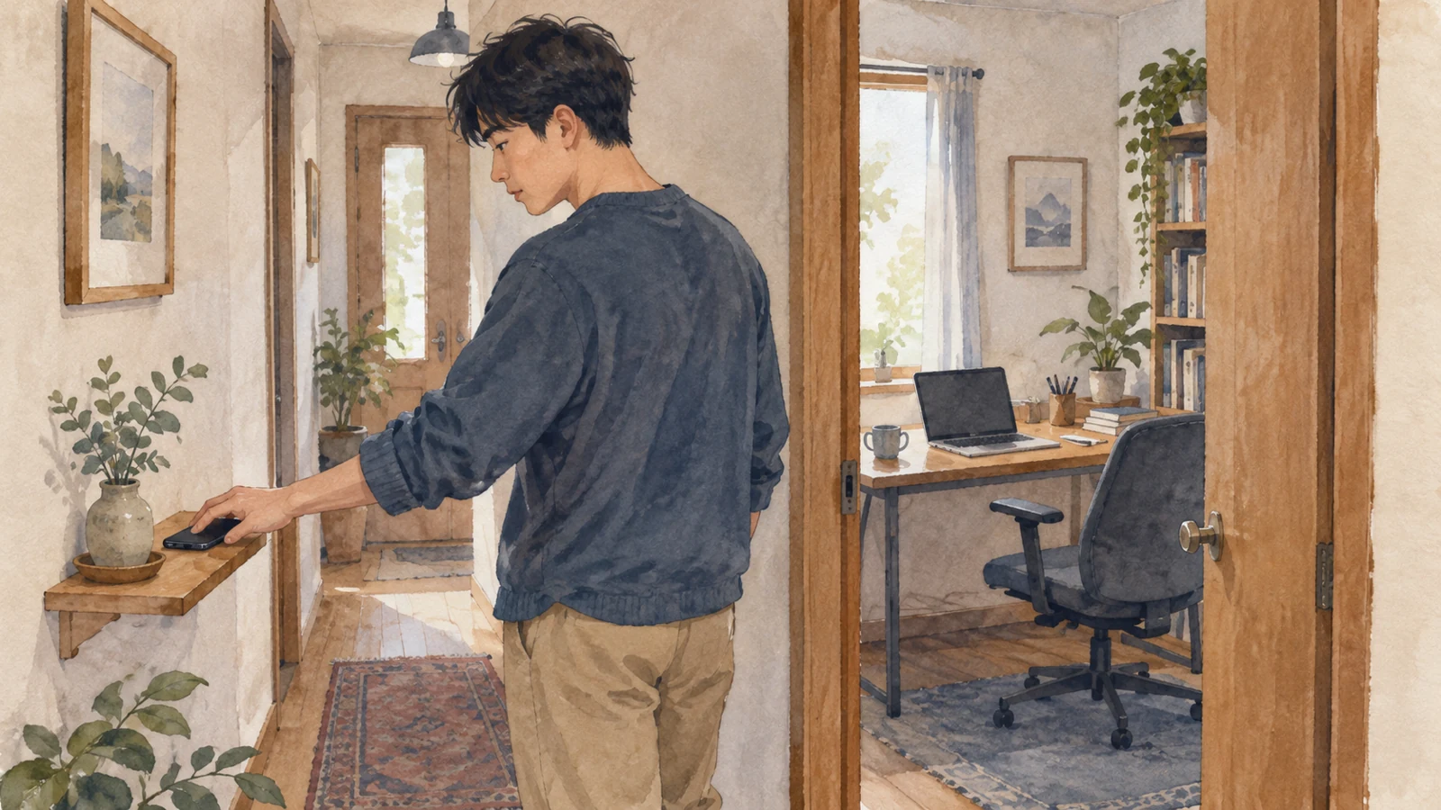 仕事部屋の外の棚にスマートフォンを置く男性の挿絵