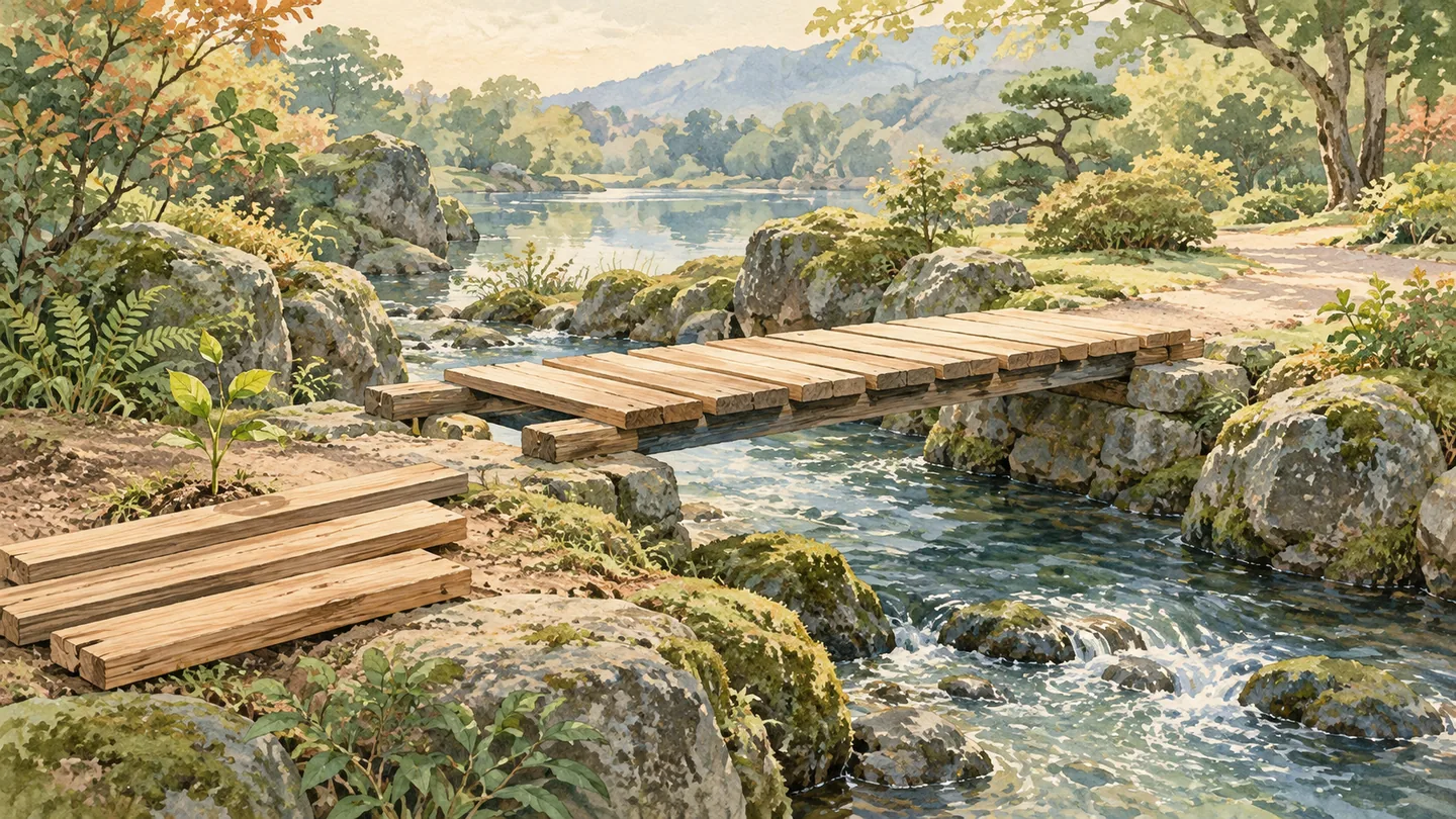 小川に架ける木の橋と、脇に置かれた板の水彩画