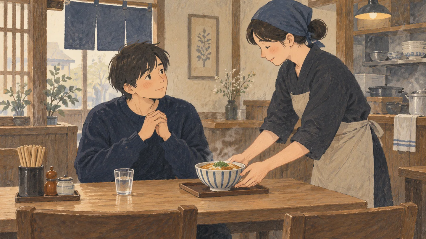 温かい料理を運んでくれた店員に感謝を向ける人のイラスト