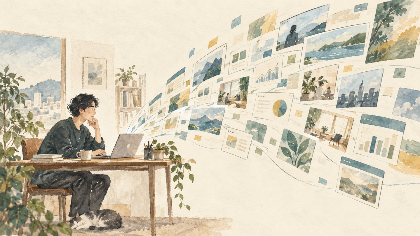 ノートPCで一人で作業し、数多くのWebページやデータを扱う人物の挿絵