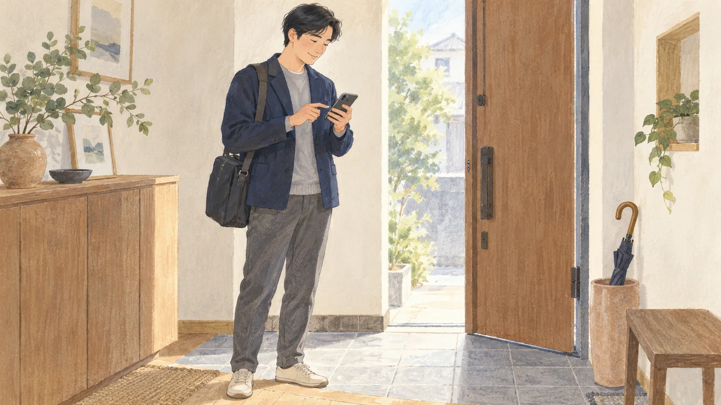 出かける直前に玄関で仕事の相談へ一次返信をする人のイラスト