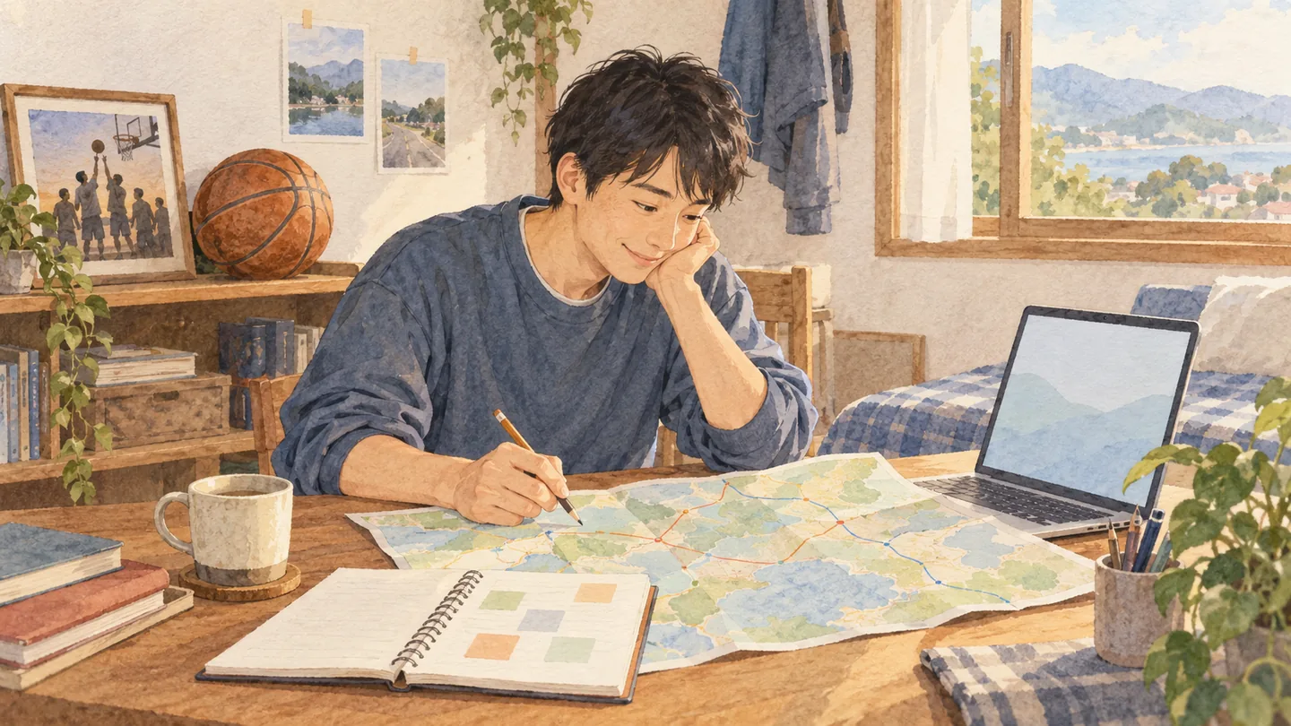 旧友との年末旅行を企画し、地図とノートを見ながら予定を考える人の挿絵