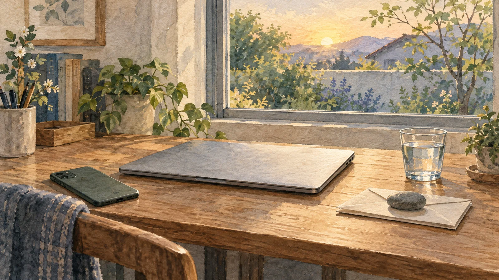 朝の光が差す机に、閉じたパソコンと伏せたスマートフォン、脇に置いた手紙がある挿絵