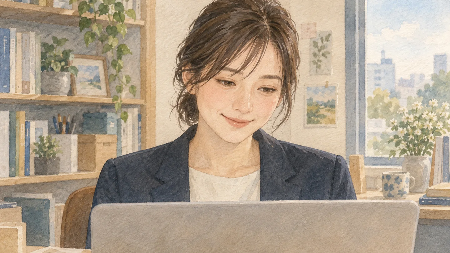 仕事の合間にノートPCで返信を読み、穏やかに微笑む担当者のイラスト