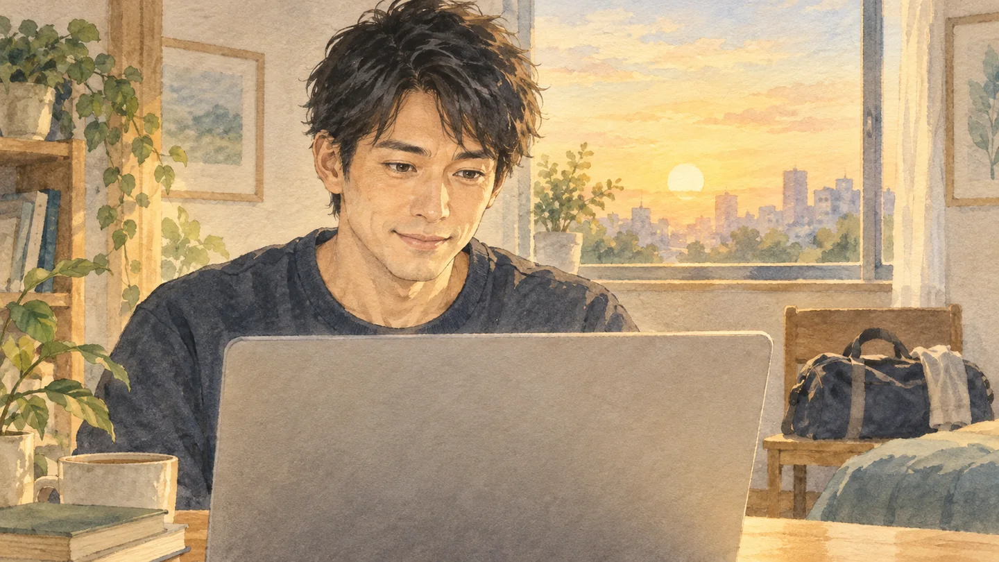 朝の静かな部屋でノートパソコンに向かう人物と、椅子に置かれたジムバッグ