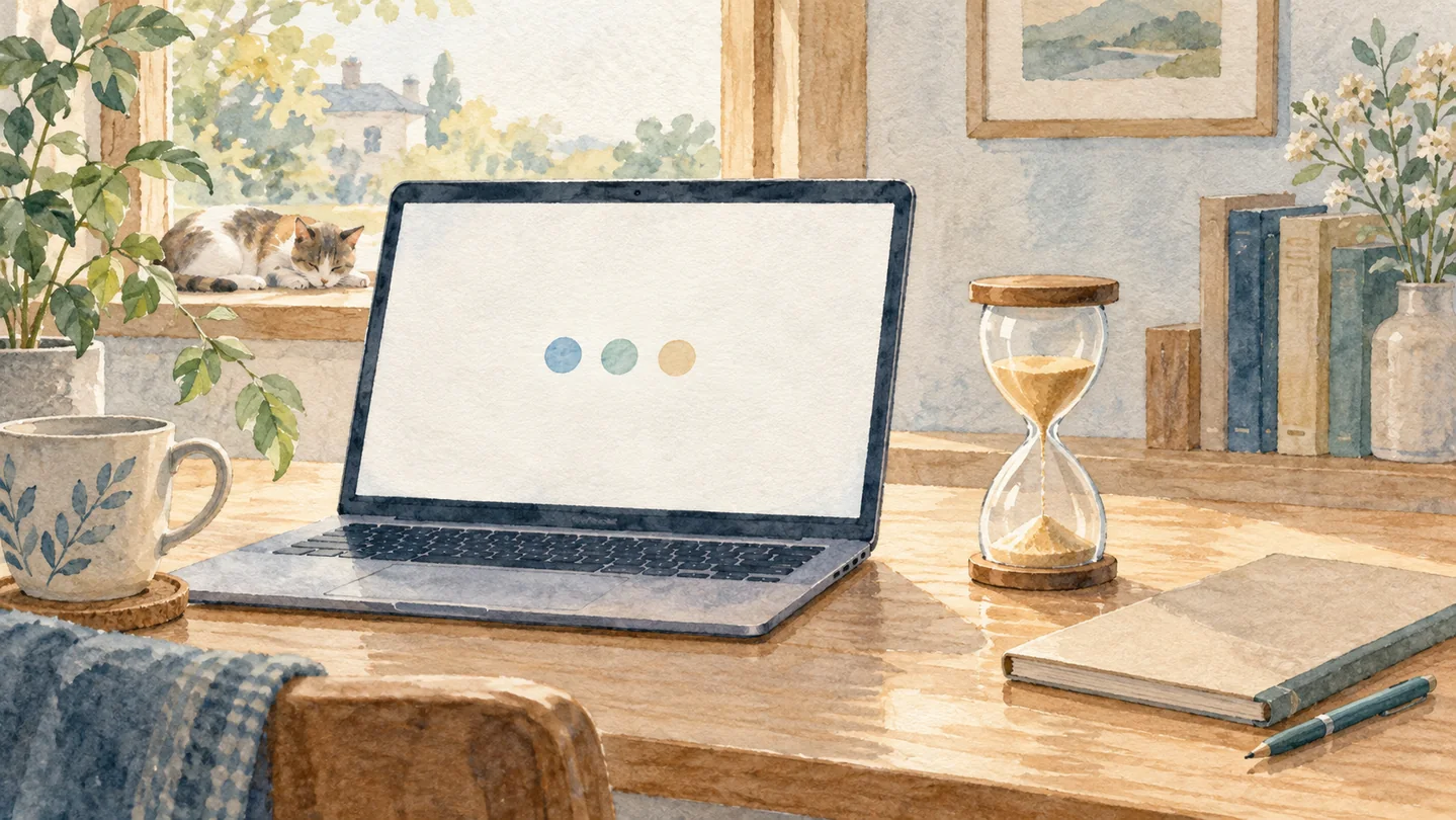 処理中を表すノートパソコンの画面と、時間の経過を表す砂時計