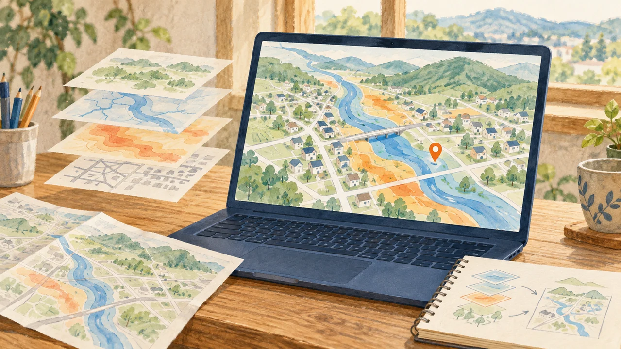 複数の地図データを組み合わせて災害リスクを表示するパソコンのイラスト