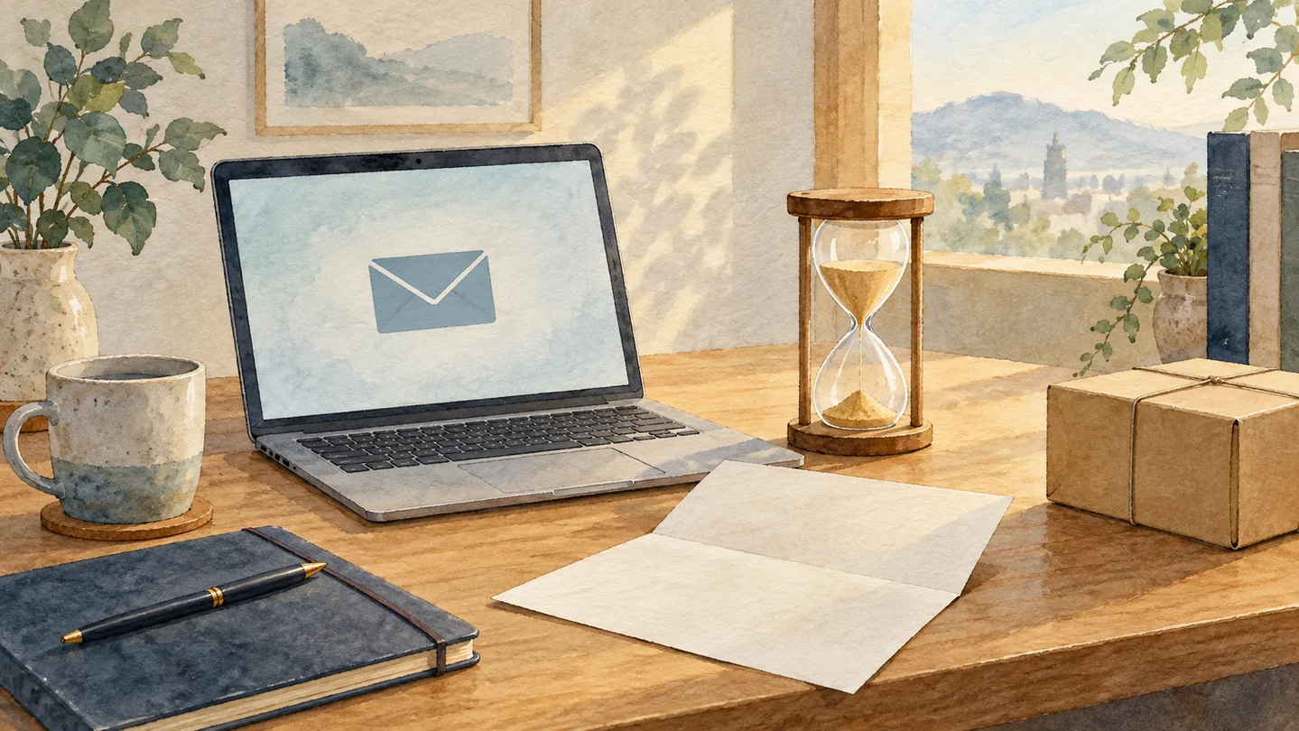 メールを表示したノートPC、砂時計、書類とサンプルの荷物が置かれた机のイラスト