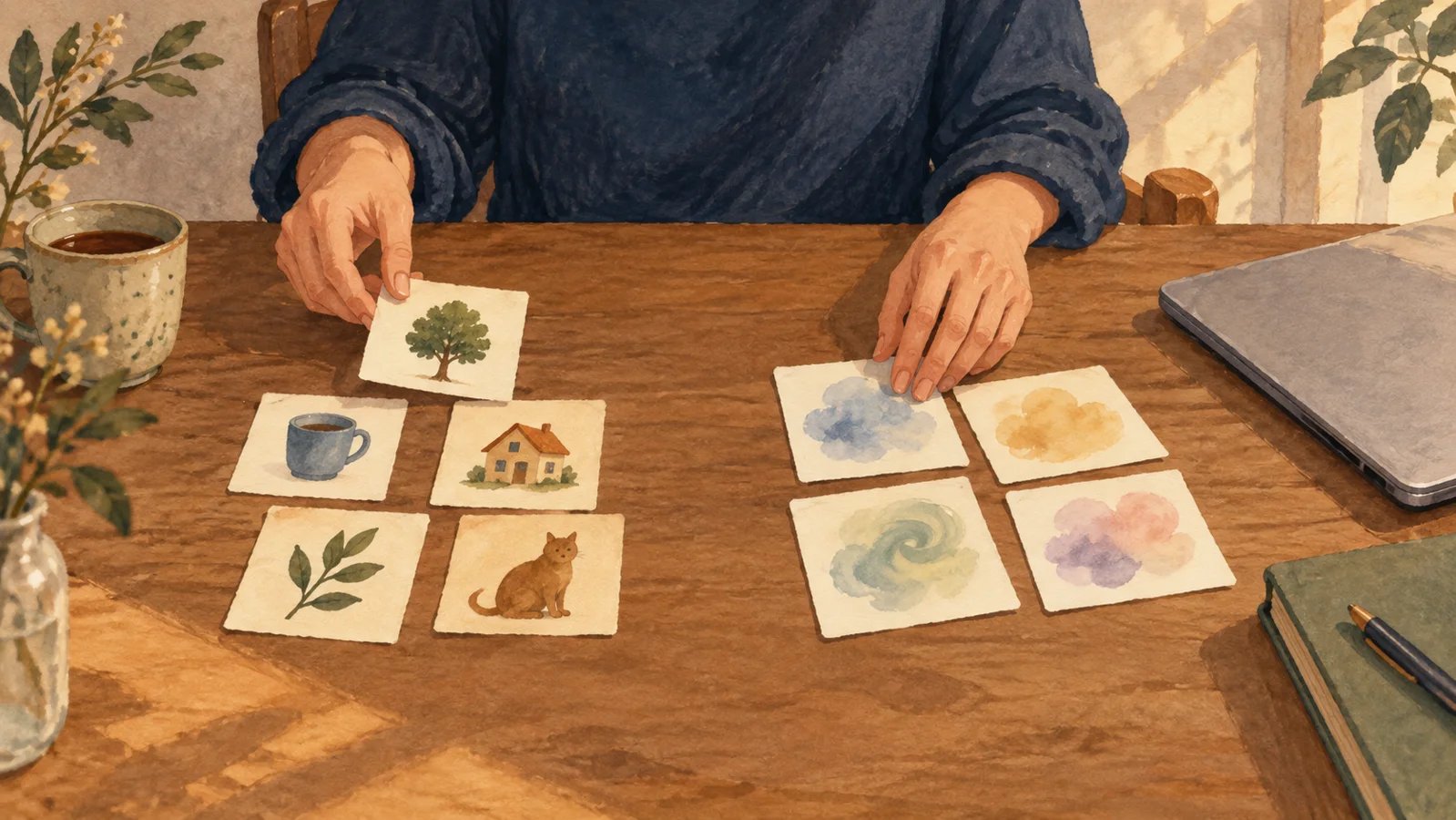 具体的な物の絵と抽象的な色のカードを二つに分ける手元