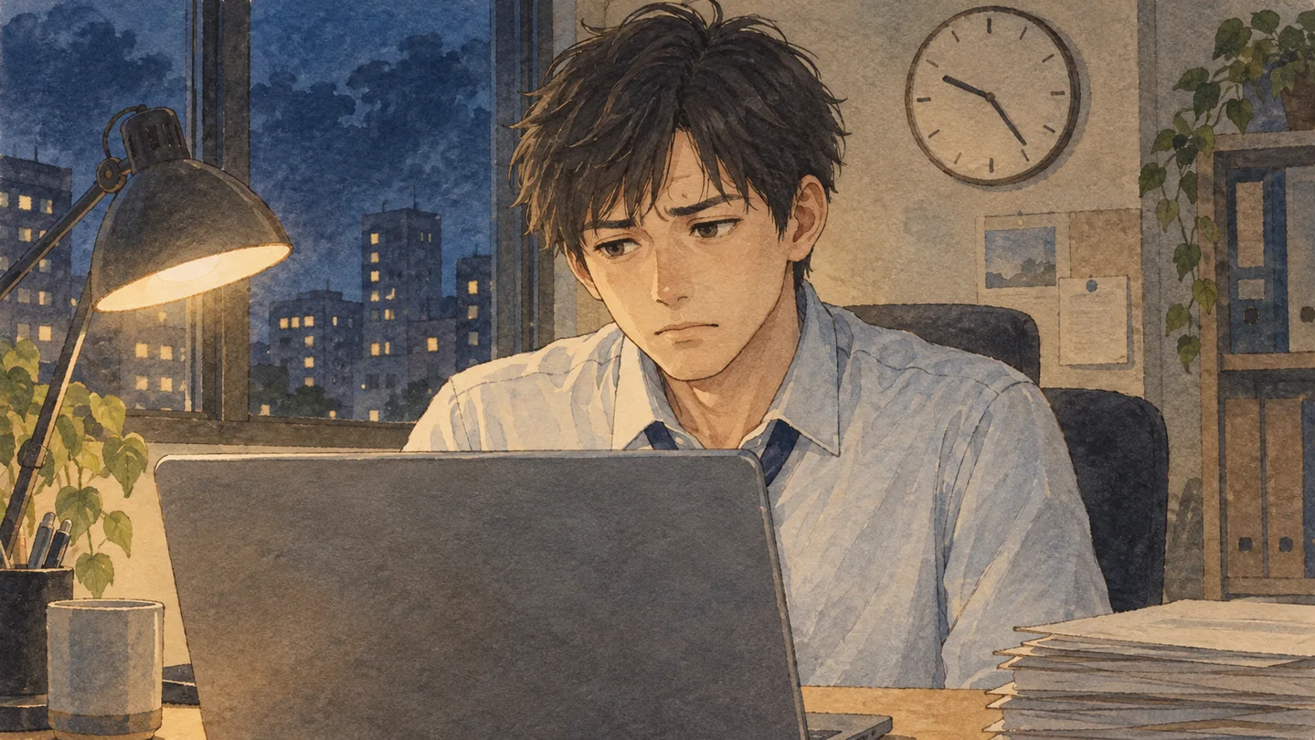 夜のオフィスで、終わらない提案書の作成に向き合う人物