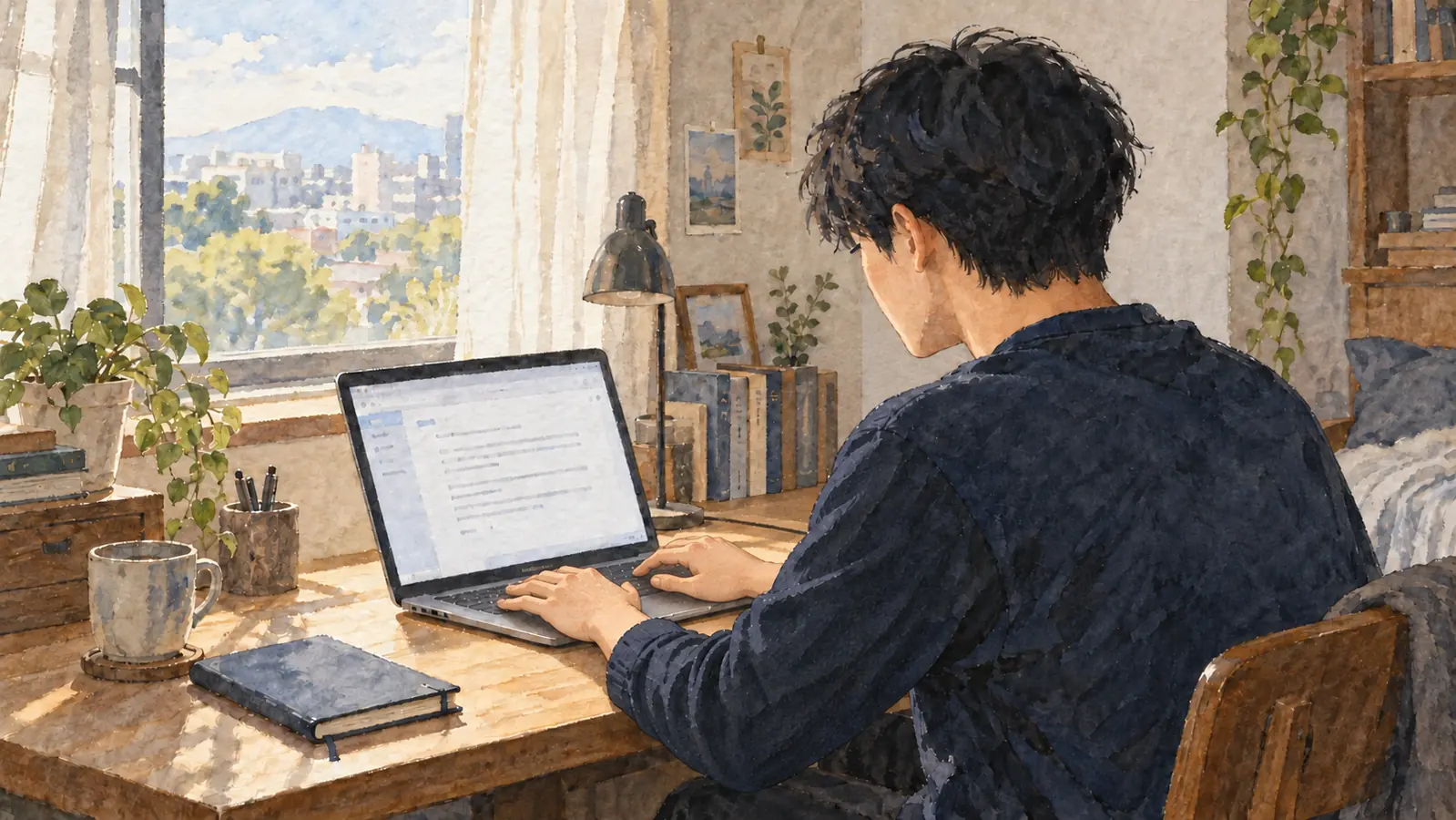 届いたメールの助言を読み、考え込む人の挿絵